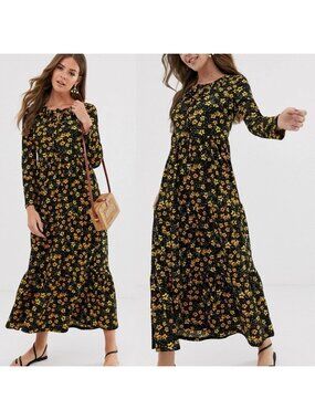 Free People Floral Dainty Tiered Midi Dress Womens Small Long Sleeve Prairie